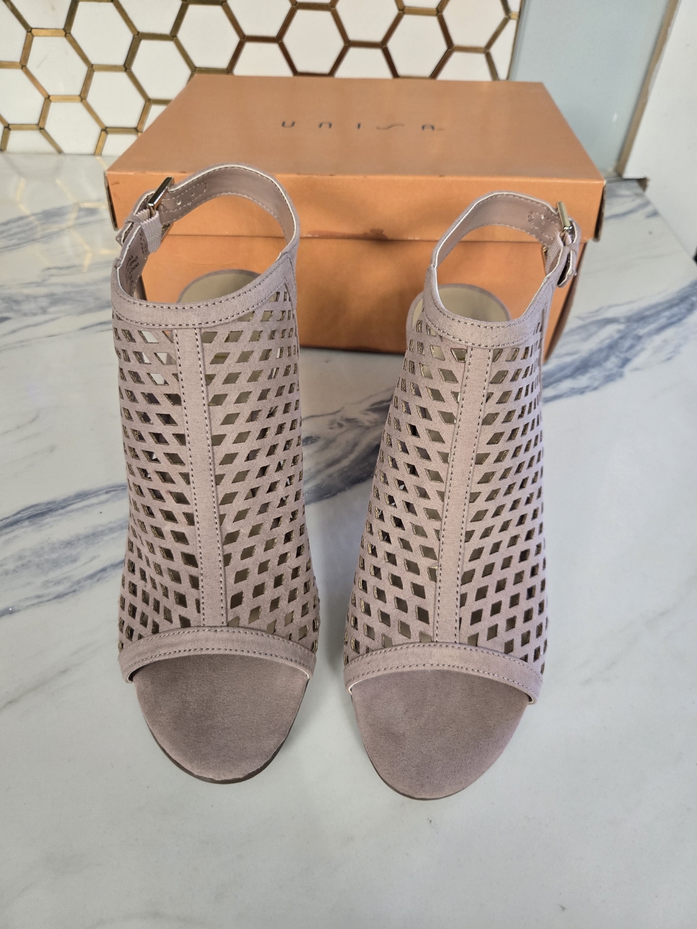 Unisa Women's Taupe Laser-Cut Open Toe Booties